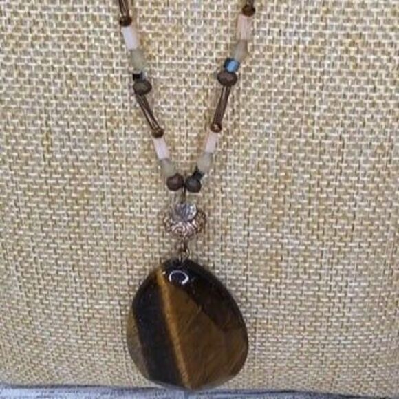 Copper Tone Chain & Bead Necklace with Natural Tiger's Eye Stone Pendant 30"L - Picture 2 of 6